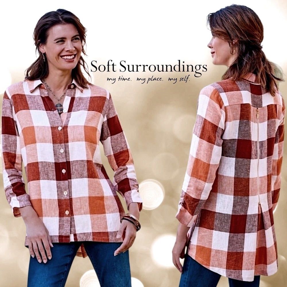 Soft Surroundings Womens Carreaux Plaid Linen Blend Shirt Rust Mango 2X